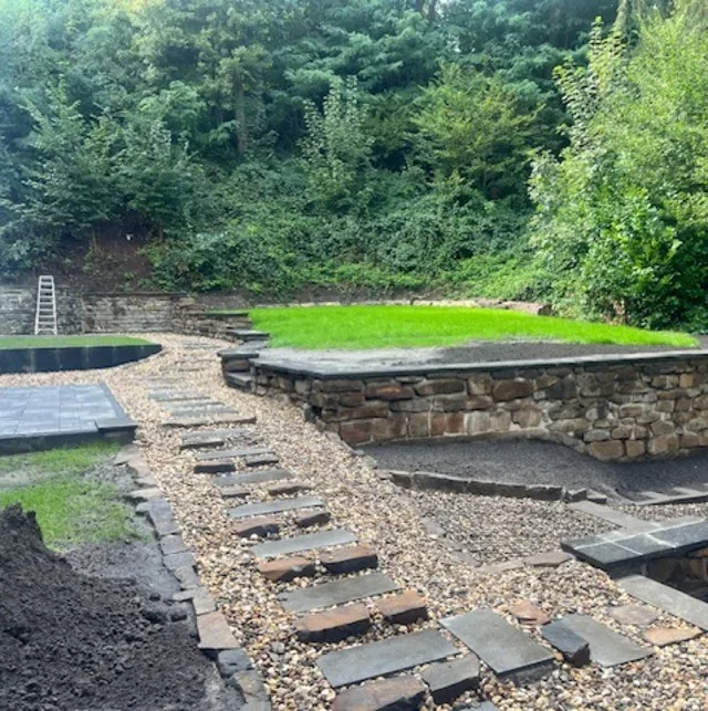 Garten Neugestaltung mit Natursteinweg und Trockenmauer Garten Neugestaltung mit Natursteinweg und Trockenmauer